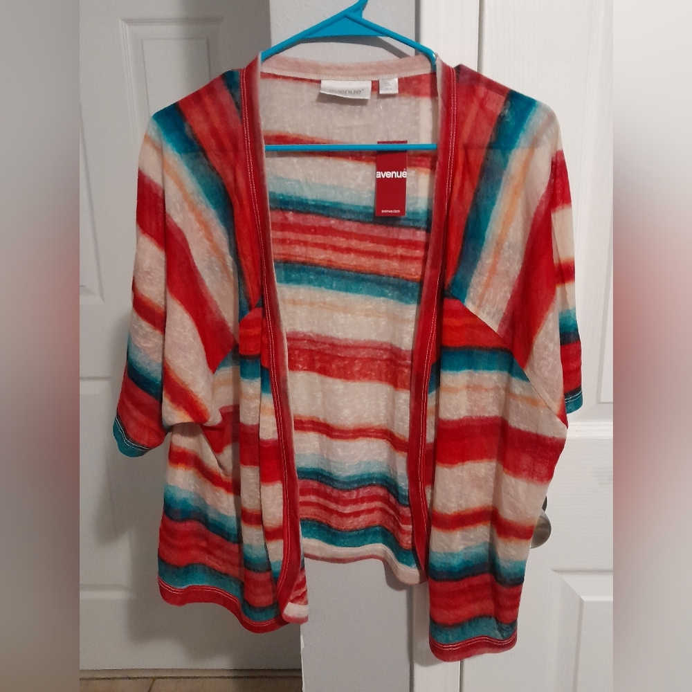 Avenue Multicolor Striped Open-Front Cardigan - Red, Teal, Cream